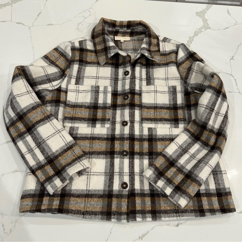 Melloday Brown Ivory Plaid Shacket Jacket Cropped Pockets Buttons Wool Blend L